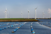 Netherlands. Windpark and mussel hang culture.